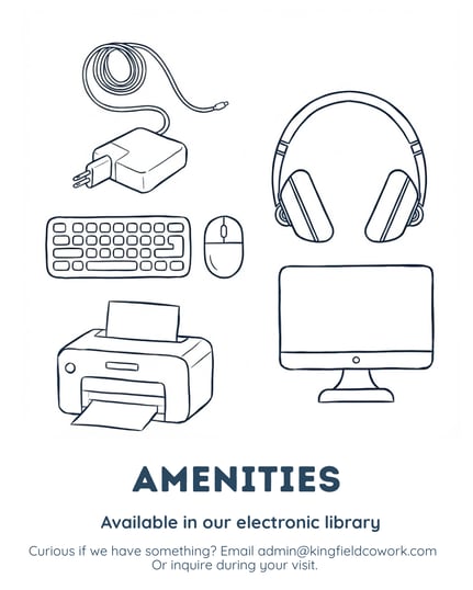 Forgot something? graphic from The Study Community Coworking in Kingfield, Maine showing available workspace essentials including a charger, keyboard, mouse, headphones, printer, and monitor.