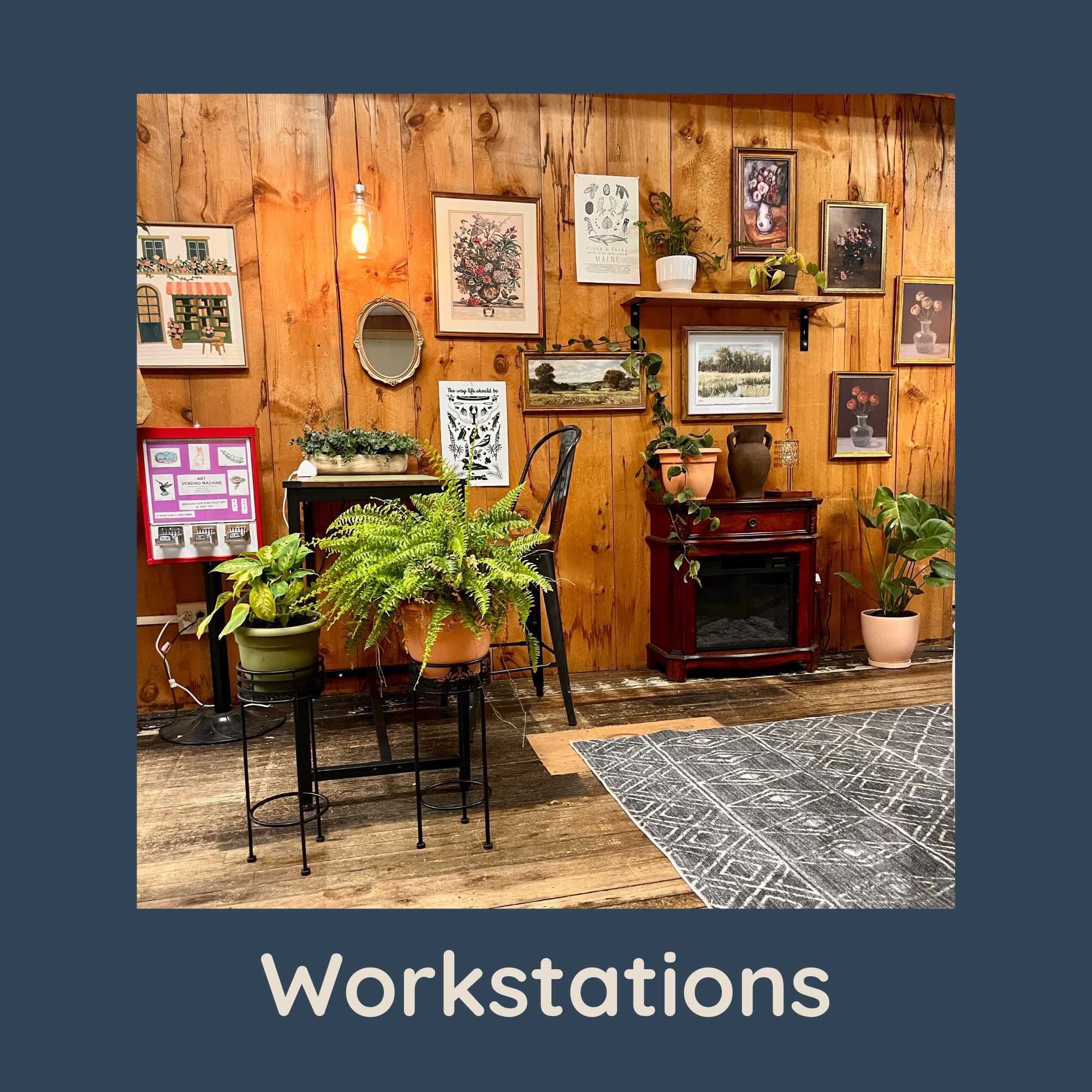 Workstations (cover tile): "Warm, wood-paneled coworking workstation with a desk, potted plants, and framed artwork"