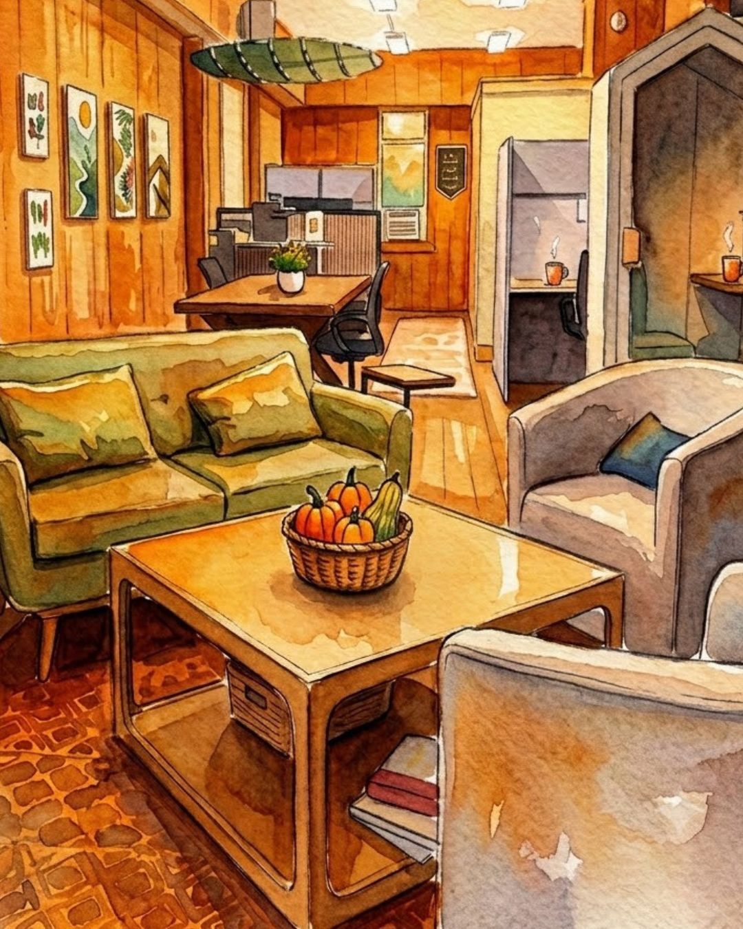 Watercolor illustration of The Study's cozy, wood-paneled coworking space with a green couch, armchairs, desks, and a basket of small pumpkins on the table. Green script text reads 